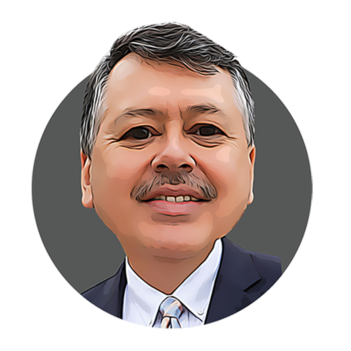 Digital illustration of a smiling man with glasses, short hair, a mustache, and a goatee, wearing a blue collared shirt and a dotted tie.