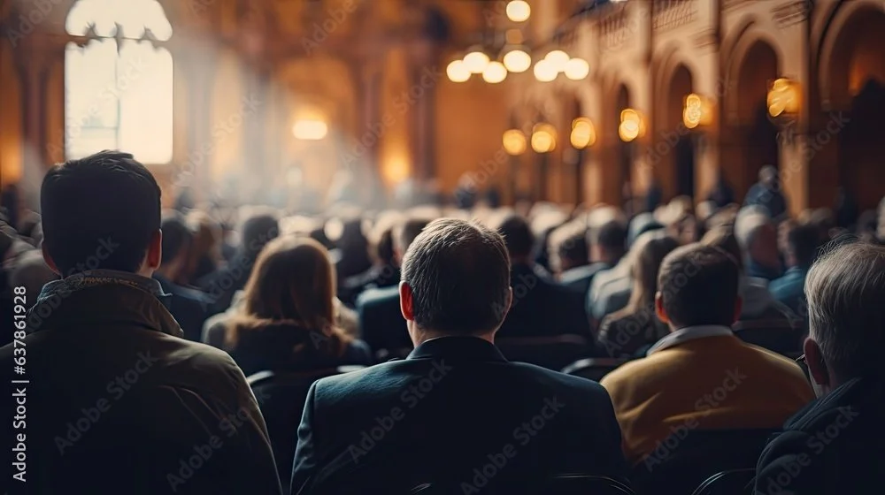 An audience seated in a large, ornate hall with warm lighting, listening to a presentation or speech.