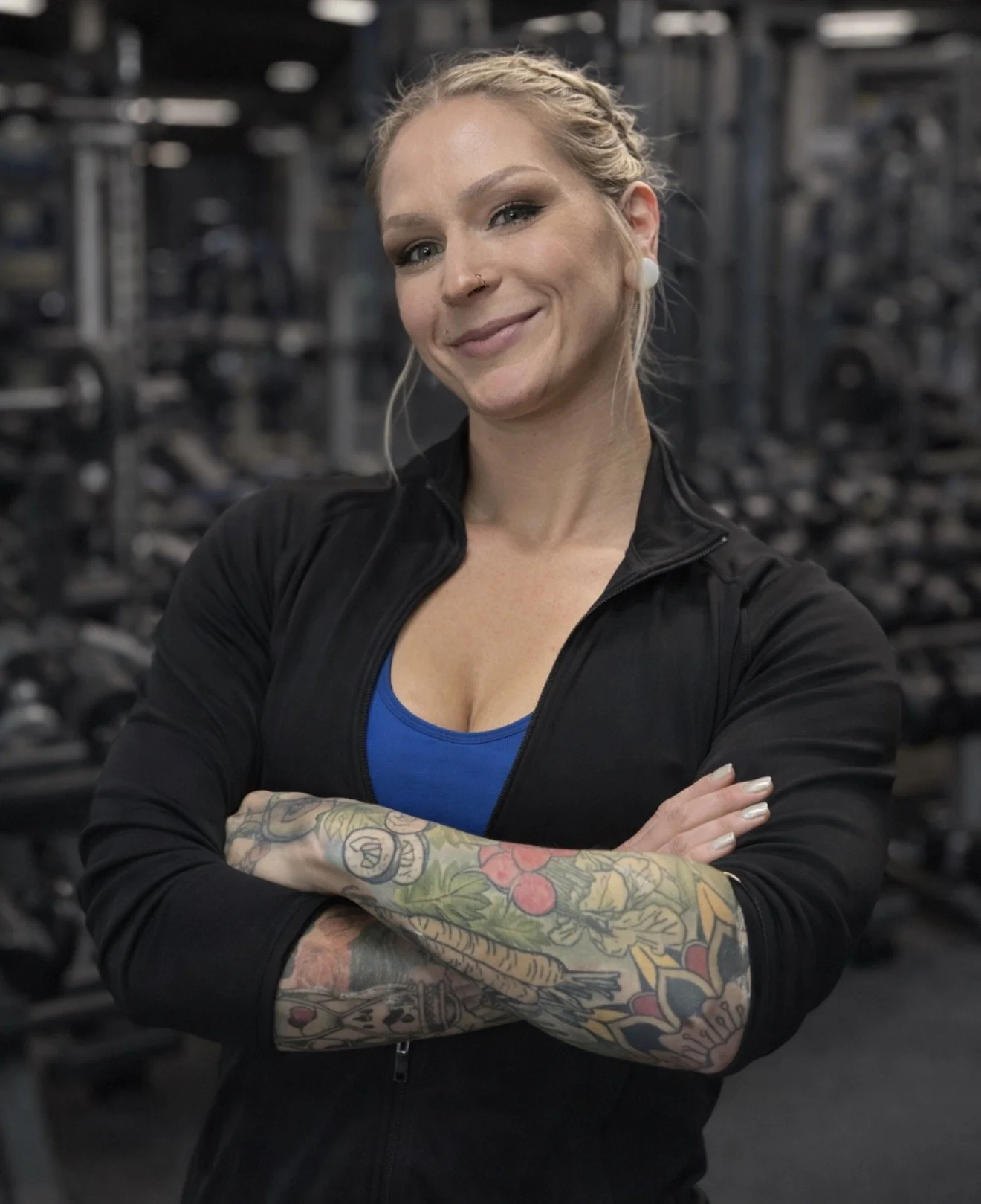 A woman with blonde hair in a braid, wearing a black jacket and a blue top, standing with arms crossed in a gym with weights in the background.