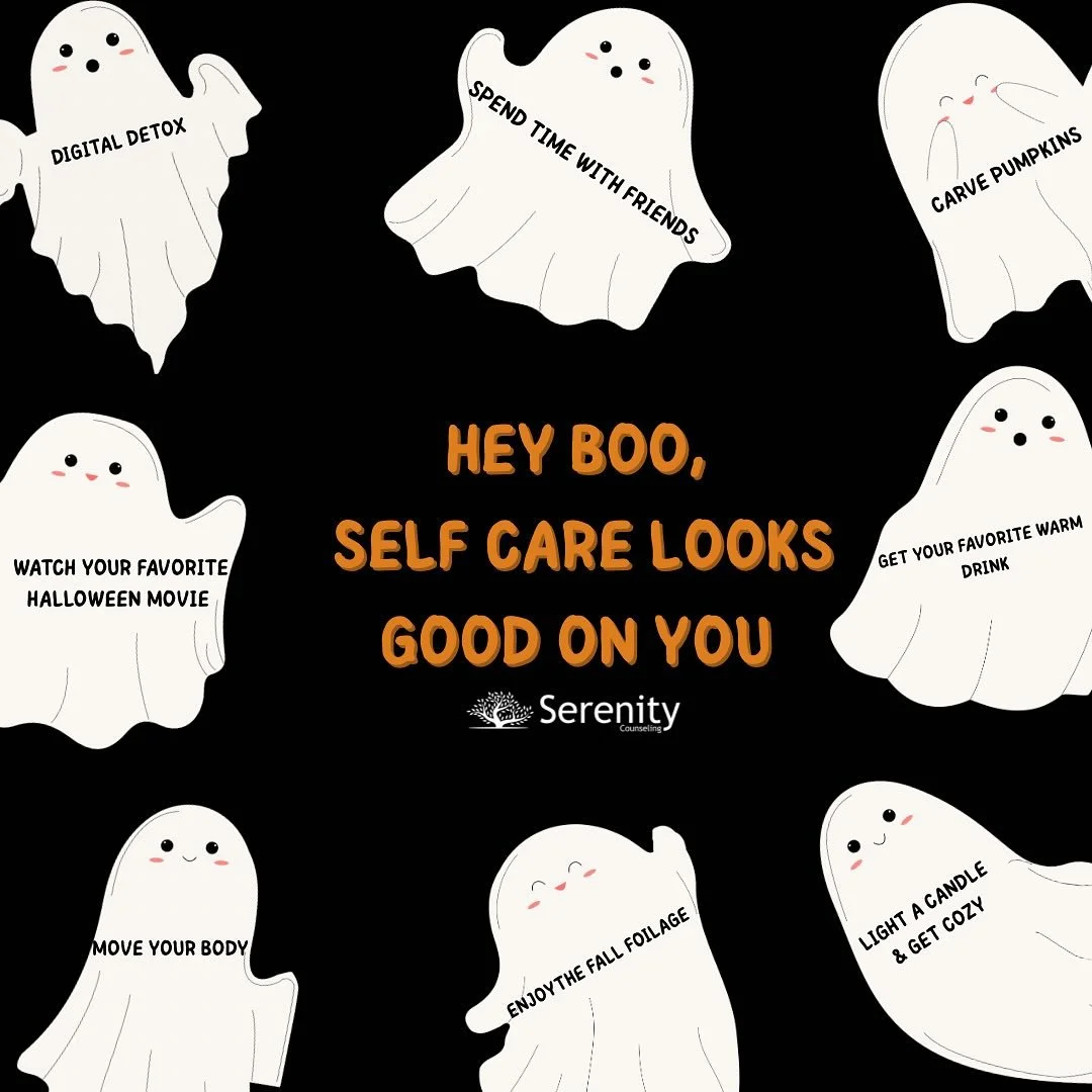 ๐Self-Care: Halloween Edition ๐ป
Halloween isn’t just about costumes and candy ..it’s also the perfect time to check in with yourself and practice some spooky-season self-care! 
Here are a few treats (not tricks!) to care for your mind