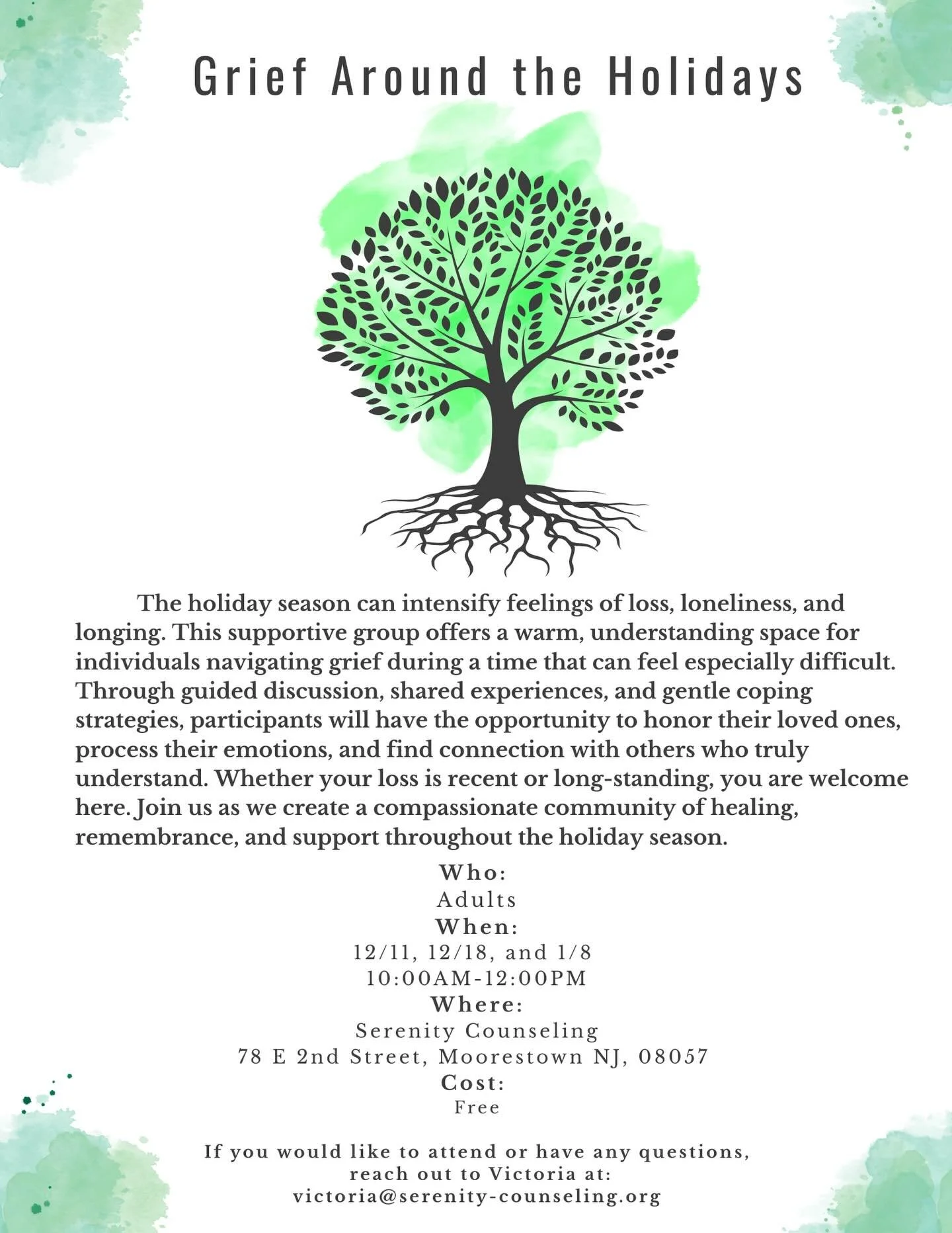Join our &quot;Grief Around the Holidays&quot; support group. This group will be ran by Victoria and is free of charge 🤍