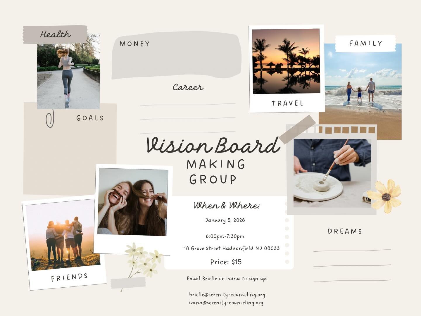 ✨ Vision Board Making Group &mdash; Back by Popular Demand! ✨
Kick off the new year with clarity and intention.
Join us as we reflect on 2025 and set meaningful goals for 2026.

💛 All materials &amp; refreshments are thoughtfully provided by Serenit
