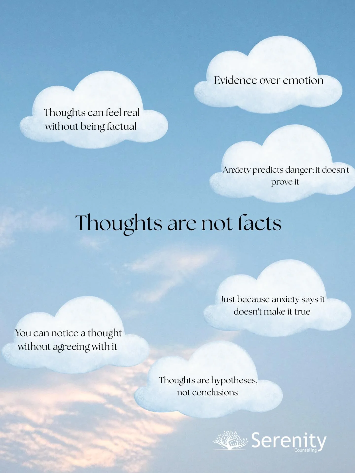 Anxiety has a way of making thoughts feel urgent and true.

In CBT, we practice reminding ourselves:
Thoughts are mental events...not facts.

You can notice a thought without believing it.

💛 Serenity Counseling

#cbt #mentalhealth #counseling #hadd