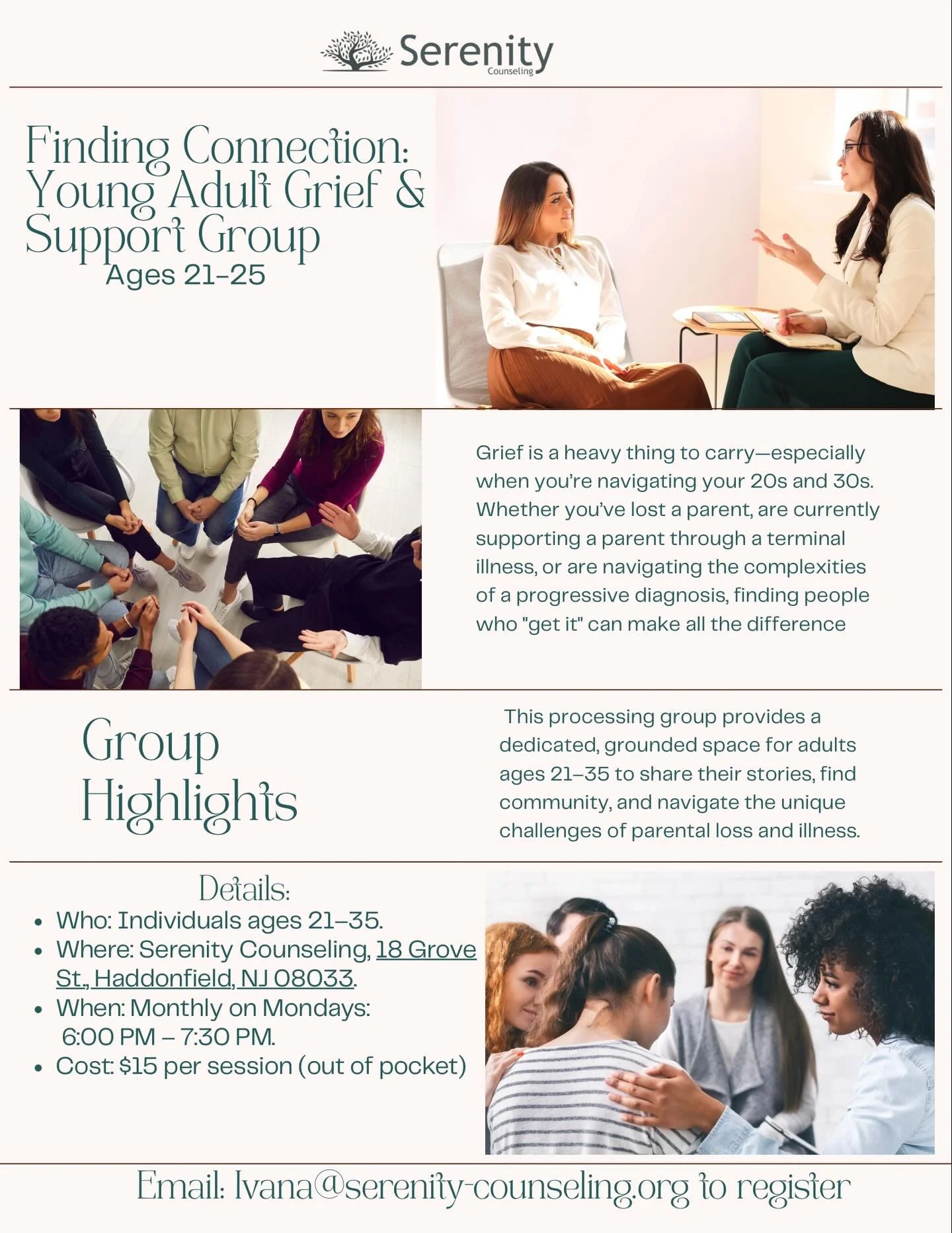 Join our monthly young adult grief and support group ran by Ivana Vinnick MA, LAC. 

This group is for young adults (ages 21-35) who recently lost a parent, are currently supporting a parent through a terminal illness, or are navigating the complexit