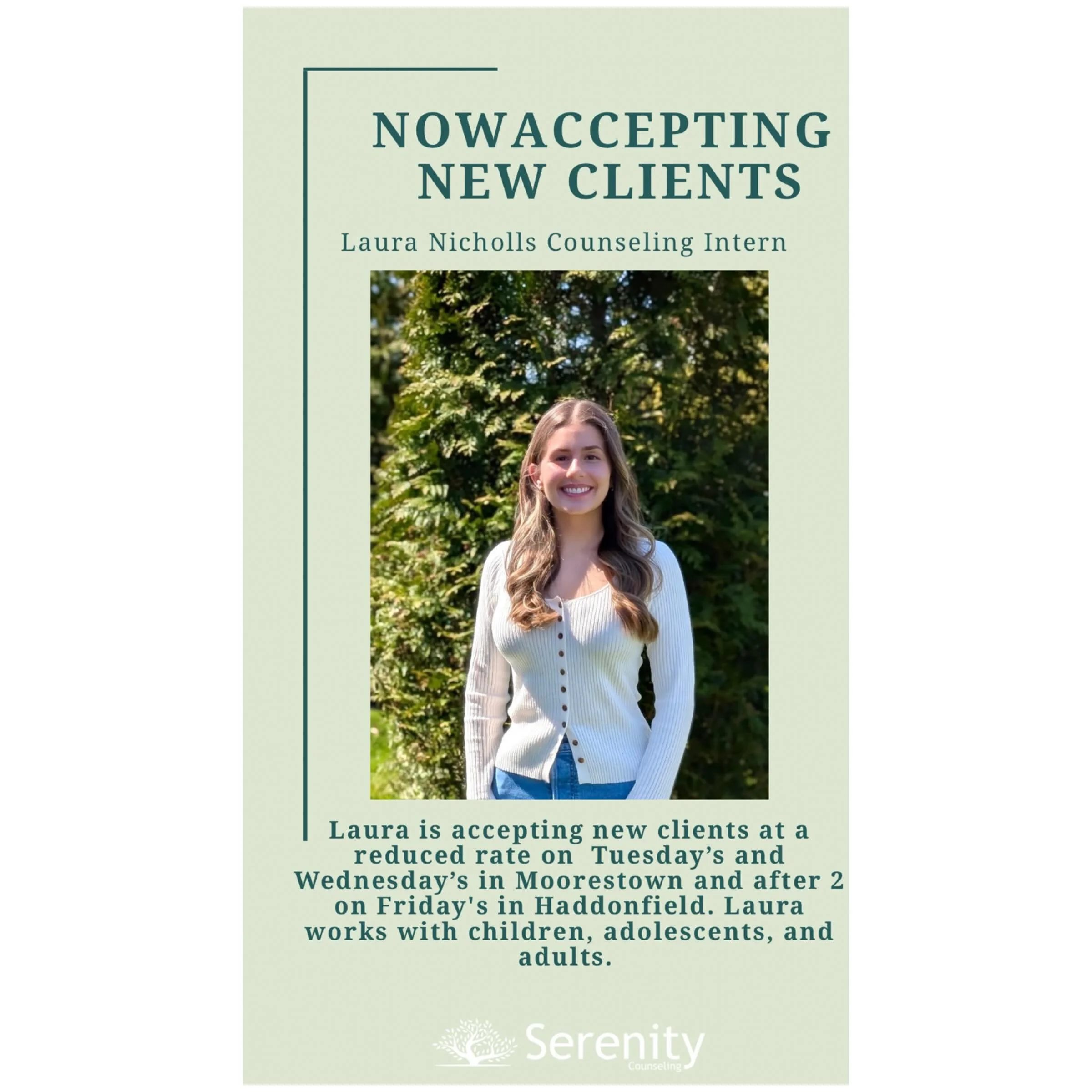 Our intern Laura is accepting new clients at a discounted rate. Laura works with children, adolescents, and adults 🤍🌱

Click the link in our bio to schedule a session with her. 

#mentalhealth #counseling #intern #haddonfield #moorestown
