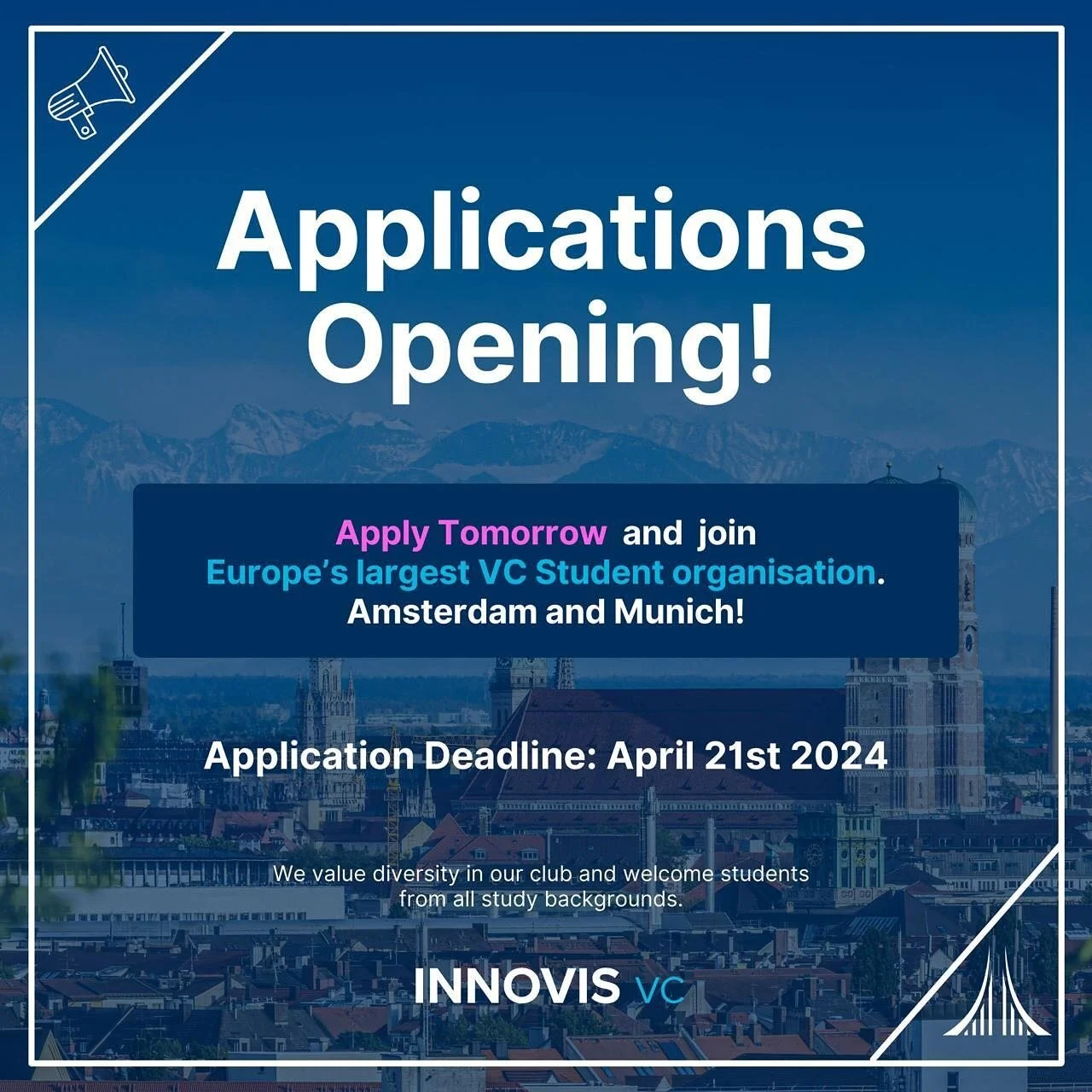 ‼️Applications for Europe&rsquo;s largest Venture Capital Society Innovis VC Opening Tomorrow‼️: 

🇳🇱 Amsterdam 🇩🇪 Munich 

🚀 Fascinated by start-ups, innovation, and venture capital? 
📈 Considering a career in this field? 
🇪🇺 Seeking real-wo
