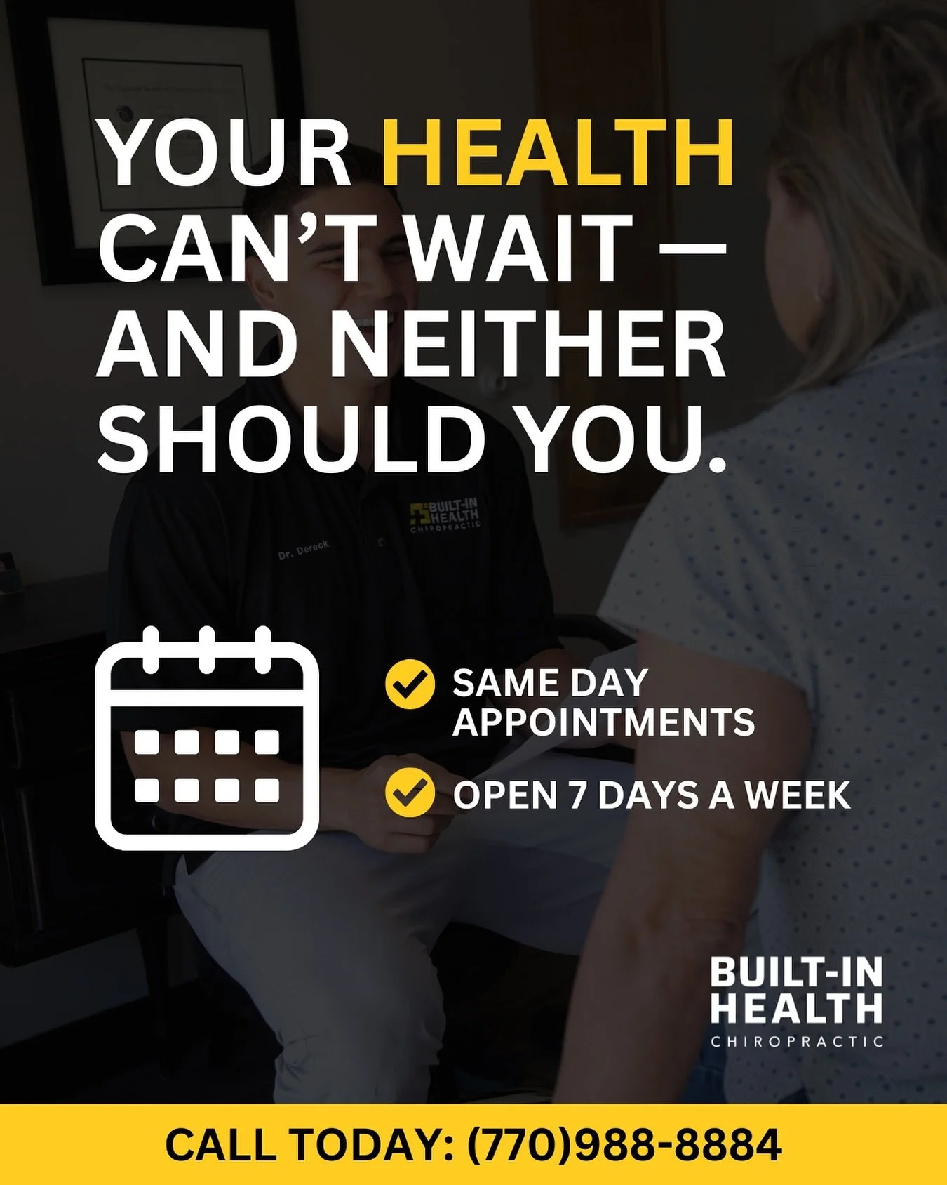 We’re here for you 7 days a week.
π₯ Built-In Health Chiropractic | Marietta, GA
π² Call (770) 988-8884 or click the link in our bio to book your appointment.