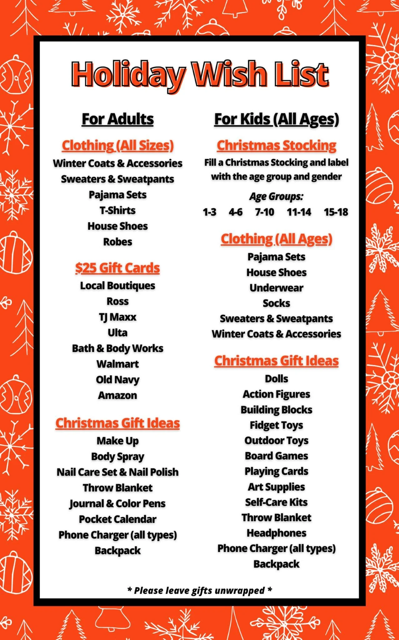 Crisis Center Holiday Wish List