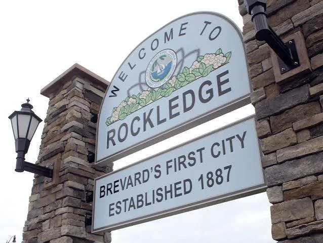 Welcome sign for Rockledge, indicating it is Brevard's first city, established in 1887.