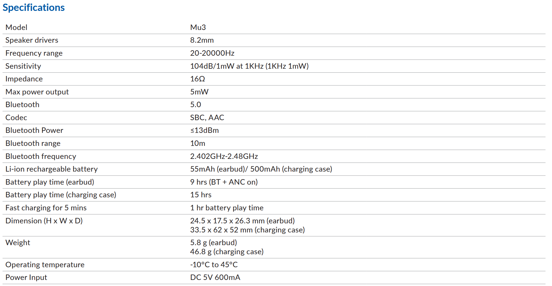 KEF - MU3 Bluetooth Earphones specifications