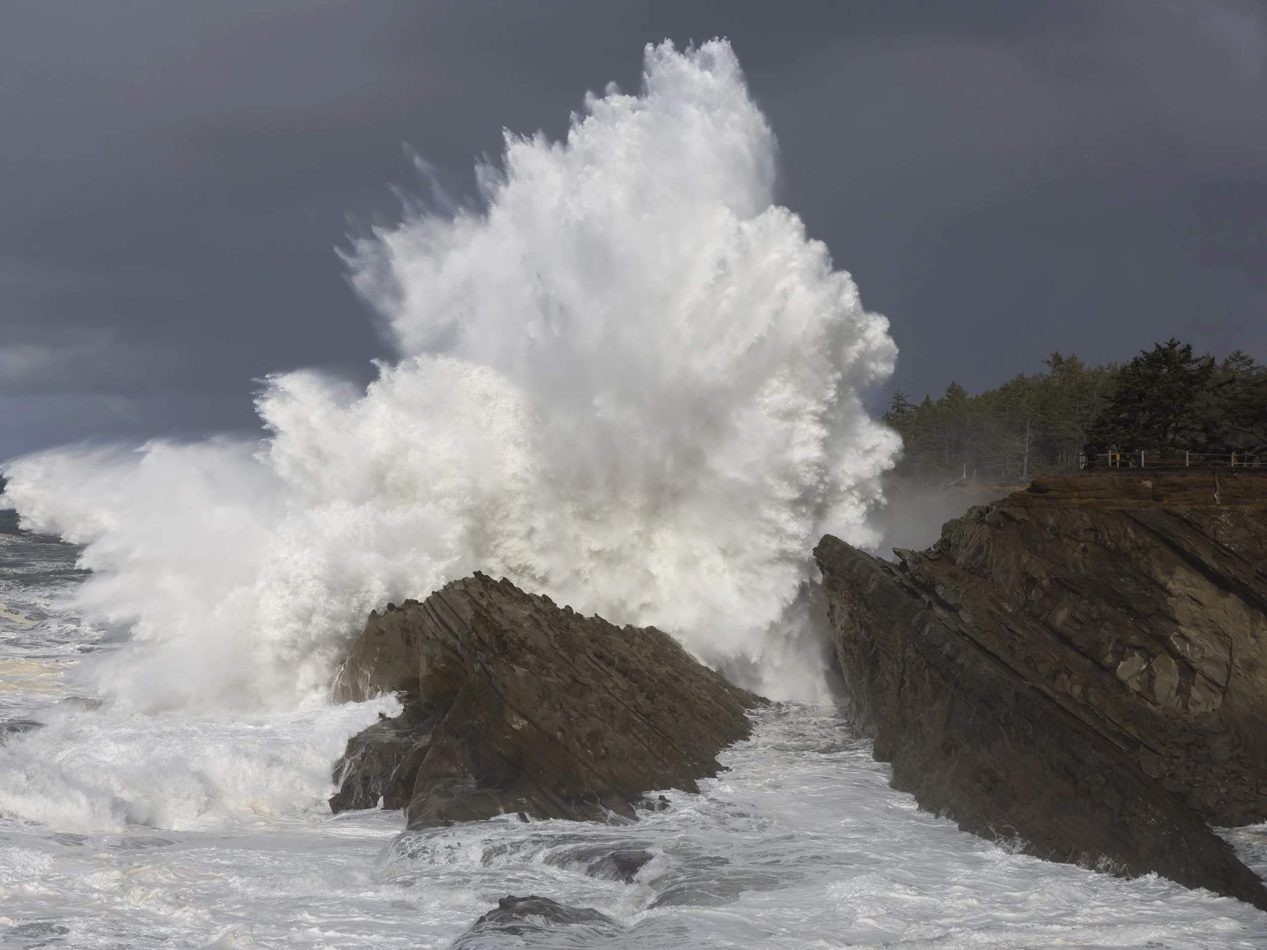 A 20 foot wave crashes into the rugged coastline of Shore Acres State Park in Oregon during a big surf day.