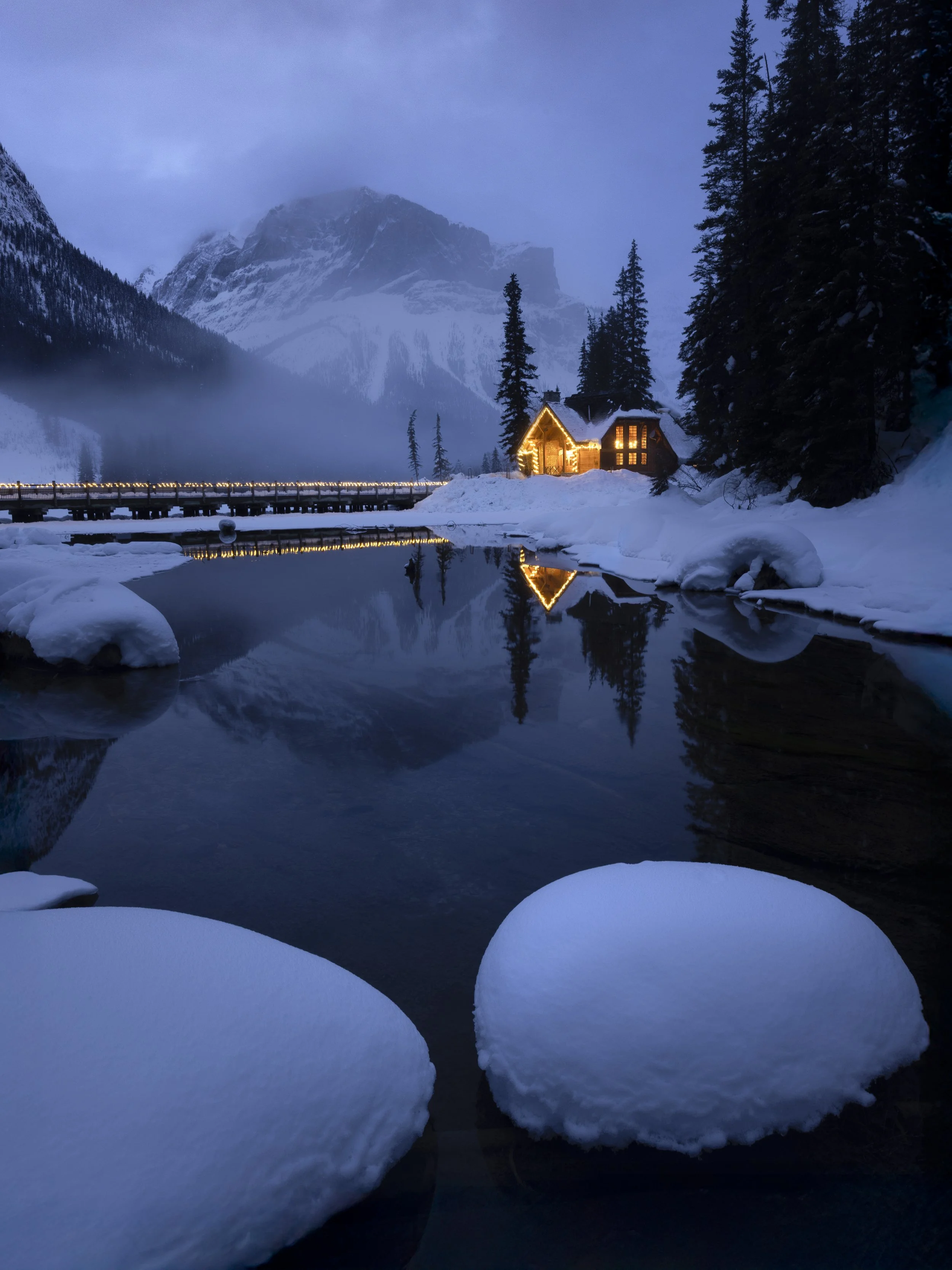 Blue hour descends upon Emerald Lake in Yoho National Park in Alberta Canada.