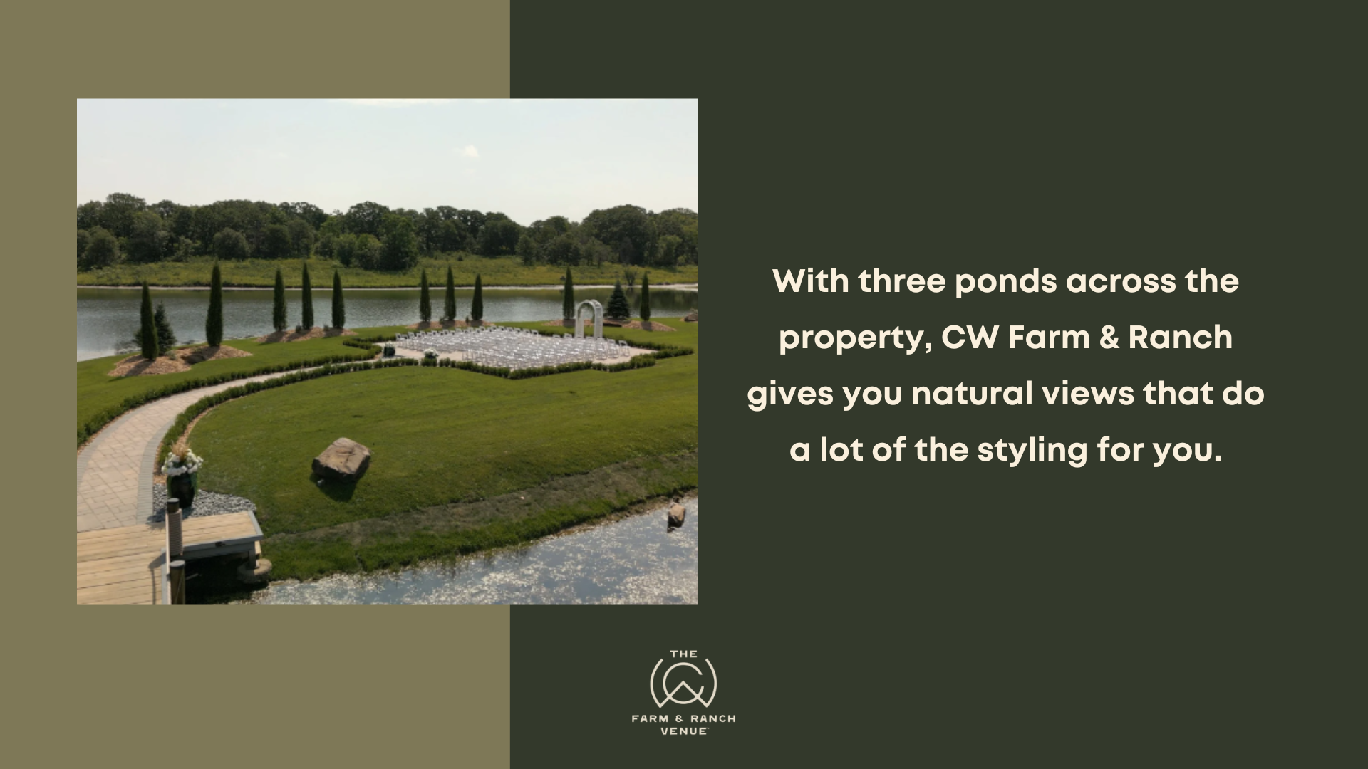 Scenic outdoor wedding setup by the water with manicured lawns and ceremony arch, highlighting a rustic farm venue with natural pond views and open landscapes