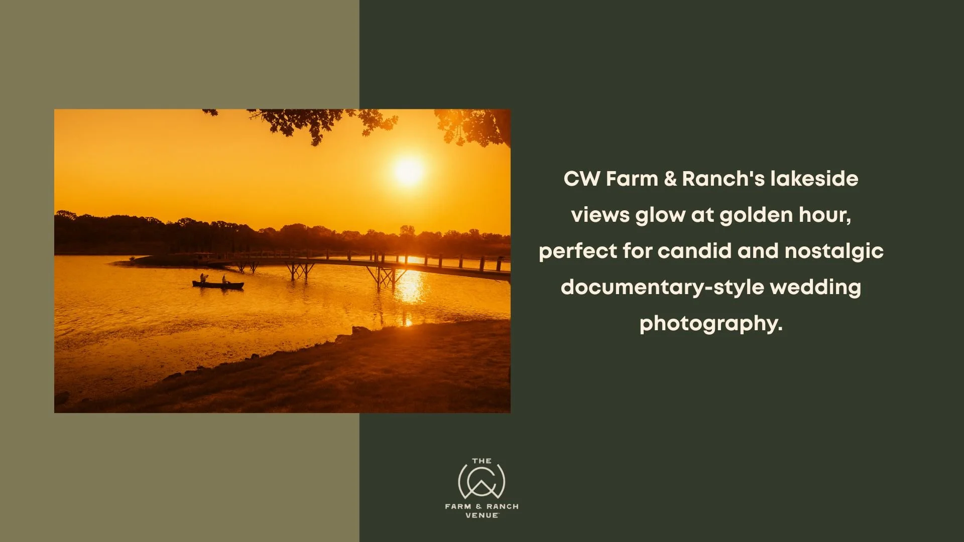 Golden hour lakeside scene at CW Farm & Ranch with a glowing sunset over calm water, a wooden dock and small boats, reflecting 2026 wedding trends that favor candid, documentary-style photography and nostalgic outdoor ceremonies.