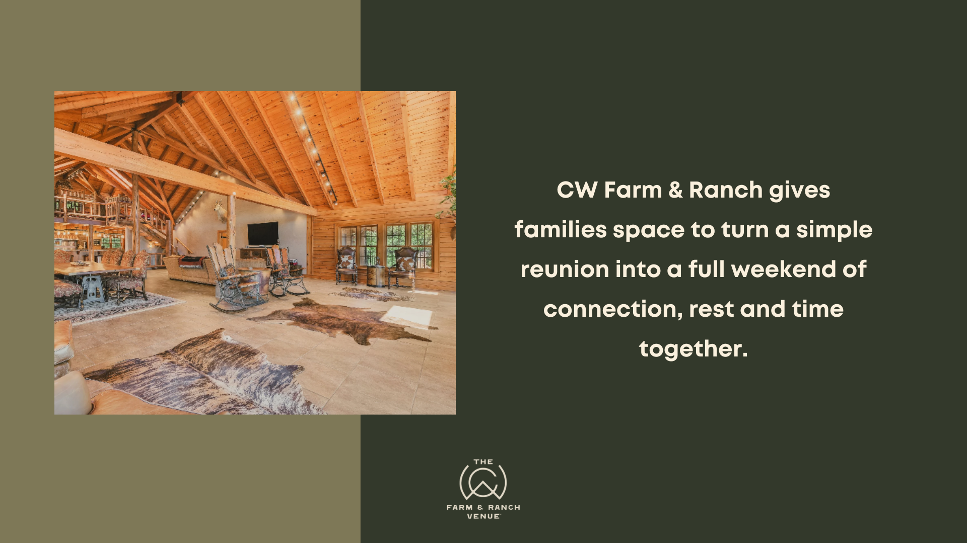 Family reunion venue with a spacious rustic lodge interior, featuring high wooden ceilings, cozy seating areas, and open gathering spaces designed for families to relax, connect, and spend a full weekend together.
