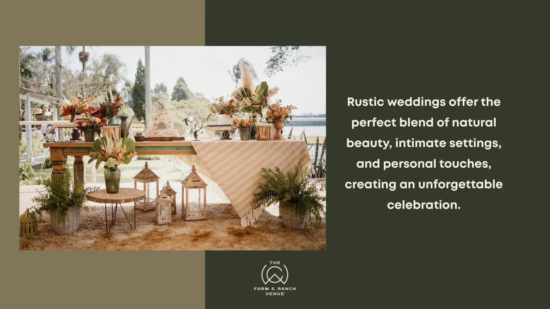 Outdoor rustic wedding table setup with wooden furniture, lanterns, floral arrangements, and soft natural décor by the water, showcasing the warm, intimate style of rustic weddings in a natural countryside setting.
