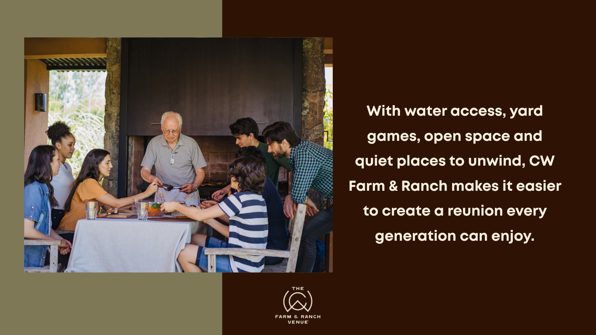 Family reunion venue at a rustic farm and ranch setting, where multiple generations gather around a table sharing a meal outdoors, with open space, yard games, and a relaxed atmosphere for all ages to enjoy.