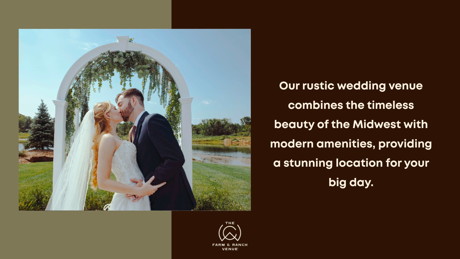 Bride and groom kissing under a floral arch at a rustic outdoor venue, showcasing a Midwest barn wedding setting with modern amenities for a memorable celebration