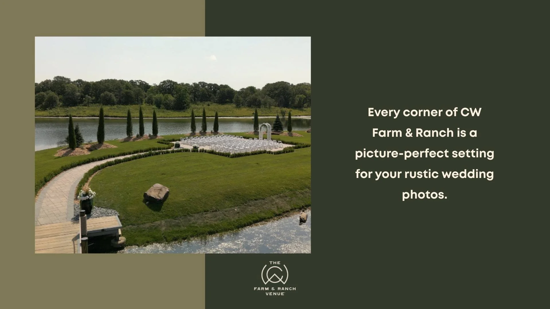 Lakeside ceremony space at CW Farm & Ranch with manicured lawns, curved pathways, water views, and elegant outdoor seating, highlighting a scenic backdrop ideal for rustic weddings and timeless wedding photos.”