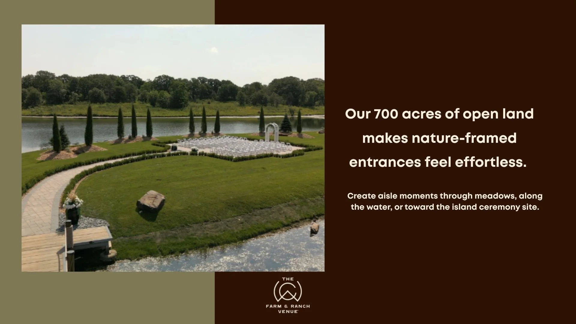 Aerial view of a lakeside outdoor wedding ceremony setup with curved stone pathways, manicured lawns, white ceremony chairs and an island altar, showcasing 2026 Wedding Trends focused on nature-framed aisle entrances and waterfront ceremonies.