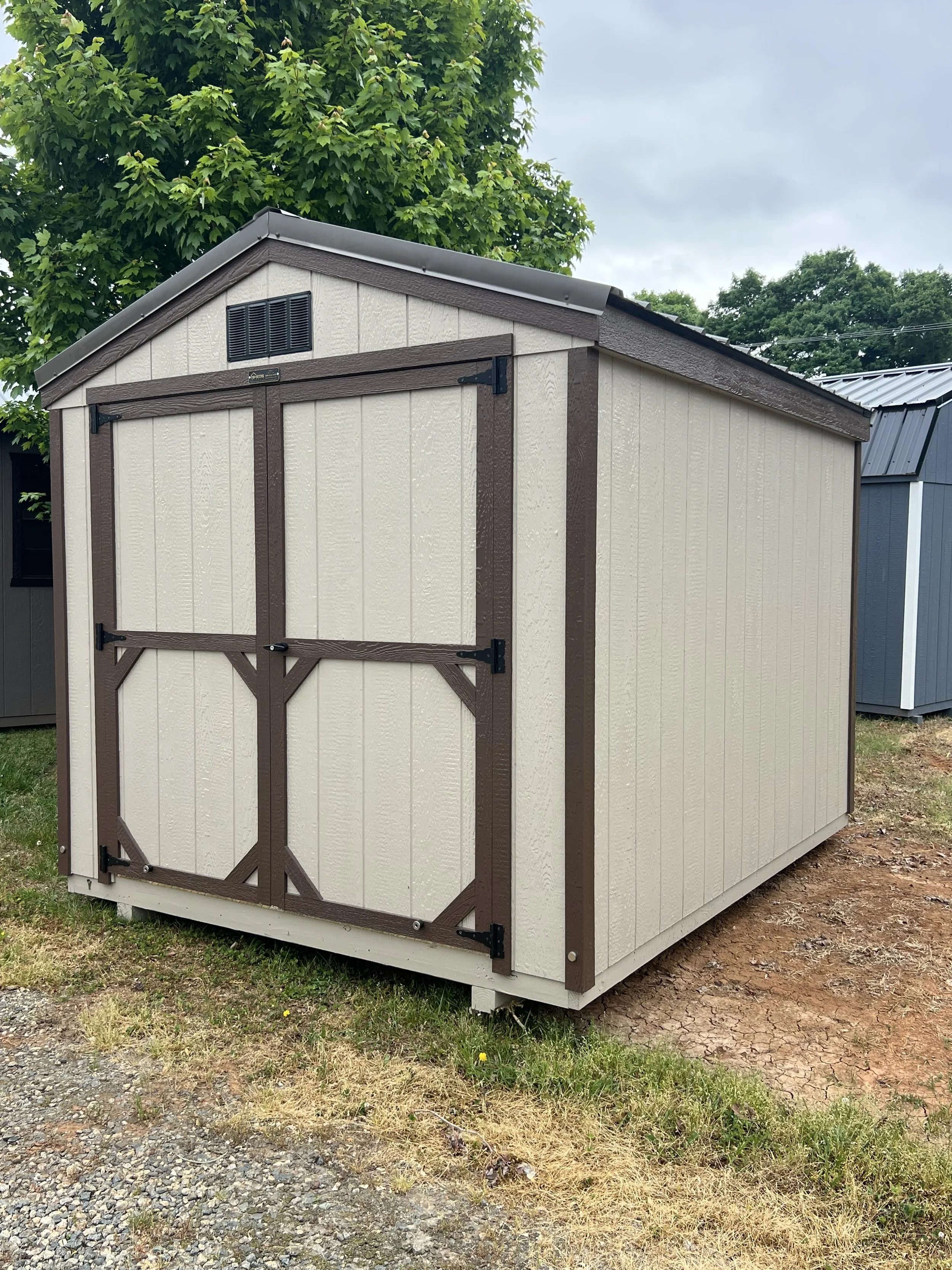Clay with Burnished Slate outdoor storage shed with double doors 