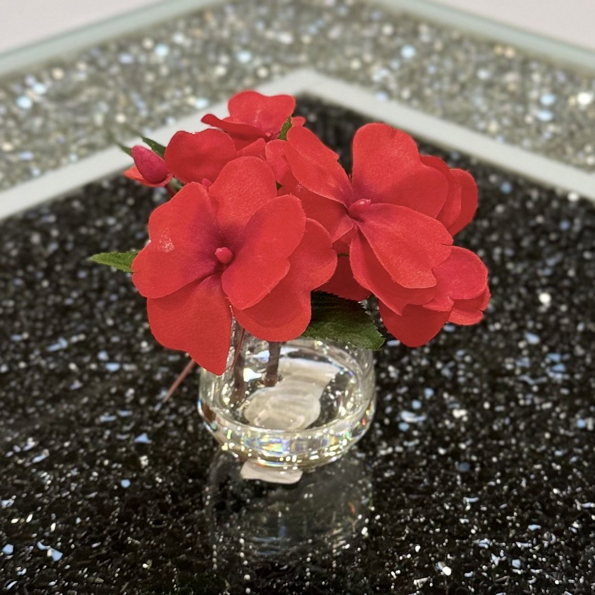 Artificial Impatiens Spray in Water-Look Glass Container