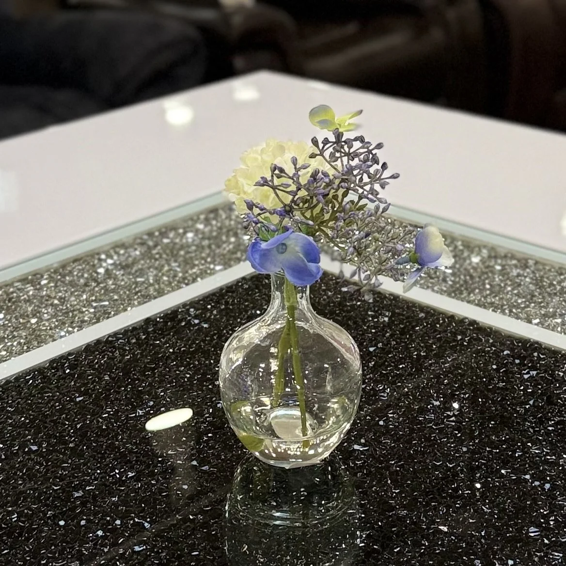 Artificial Floral Spray w/Water-Look Glass Container