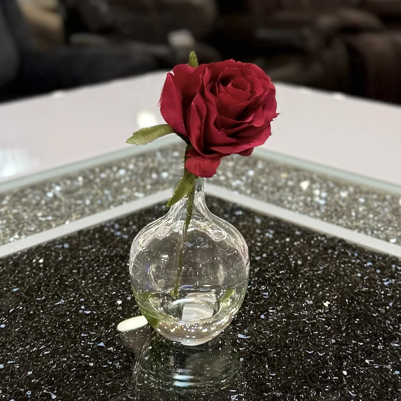 Artificial Rose in Water-Look Glass Container