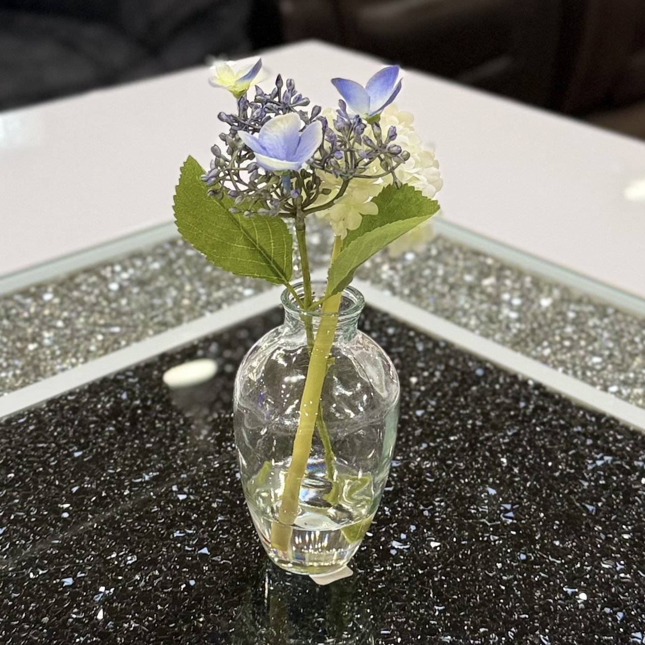 Artificial Floral Spray in Water-Look Glass Container