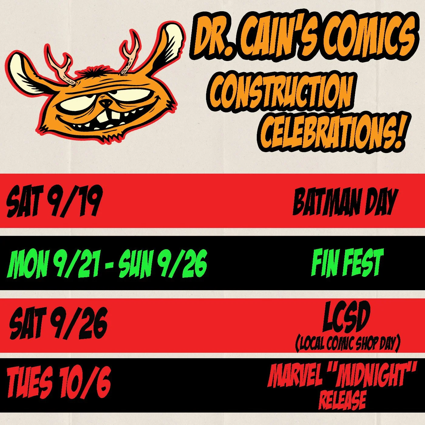 Dr. Cain’s Comics fall 2026 event schedule featuring Batman Day, Fin Fest, Local Comic Shop Day, and the Marvel Midnight release.