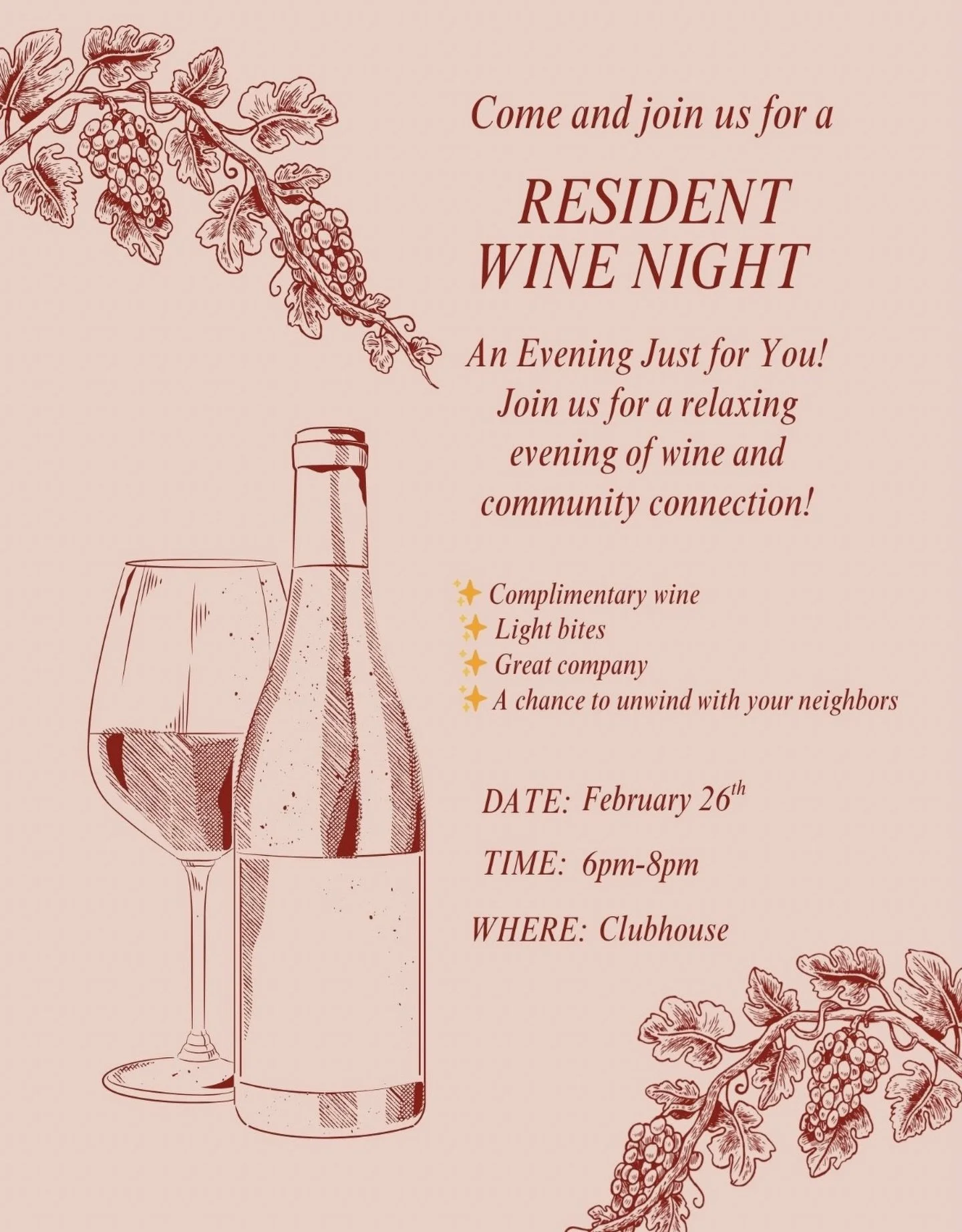 This one&rsquo;s for our residents 💛 Join us for Wine Night from 6&ndash;8PM as a small thank you for being such an amazing community. We can&rsquo;t wait to see you! 🍷
#stillwellataverycentre #weappreciateyou❤️