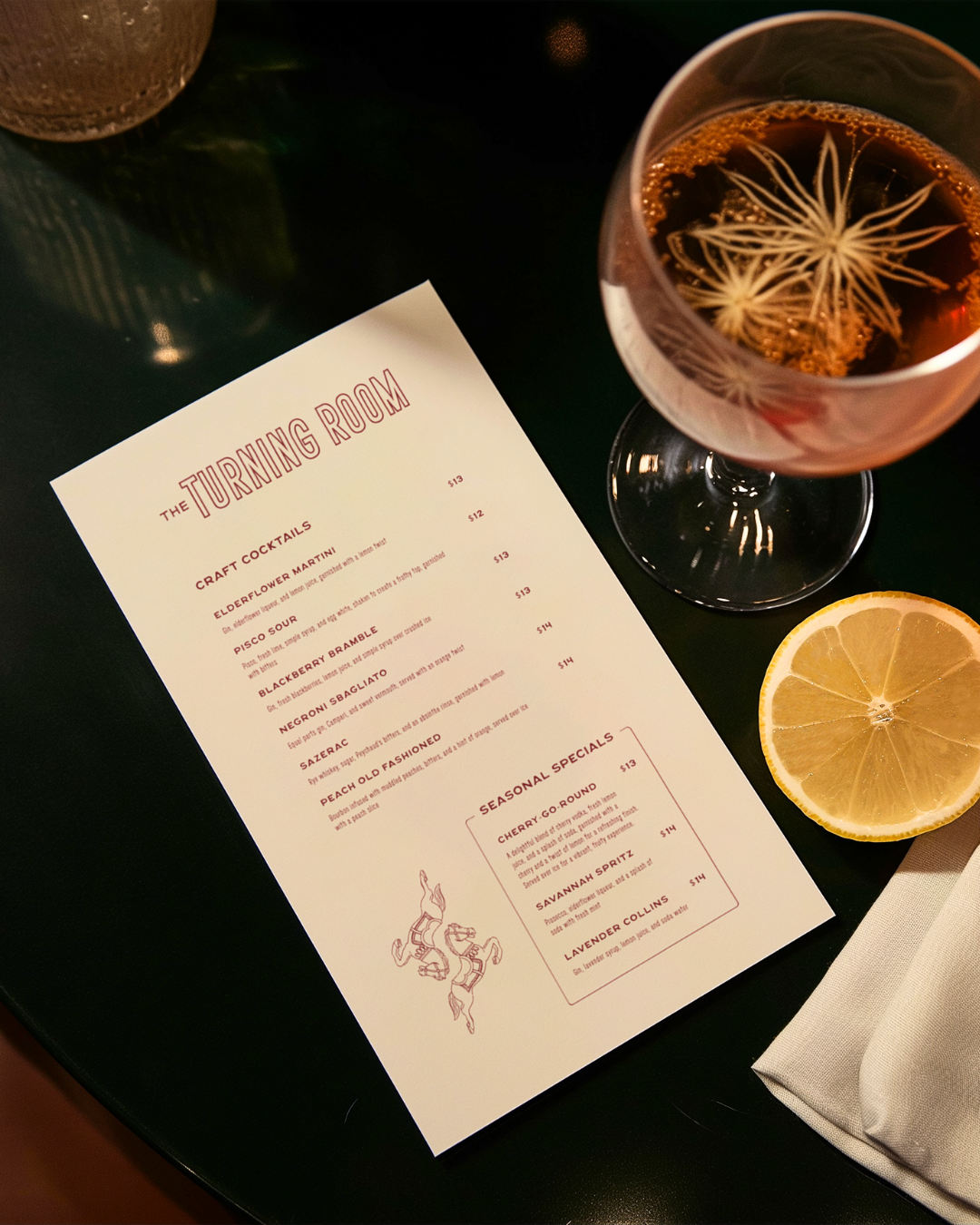 Cocktail lounge menu design of The Turning Room carousel themed cocktail bar inside the boutique Hotel Solenne. Menu features craft cocktails: Elderflower Martini, Pisco Sour, Blackberry Bramble, Negroni Sbagliato, Sazerac, and Peach Old Fashioned.
