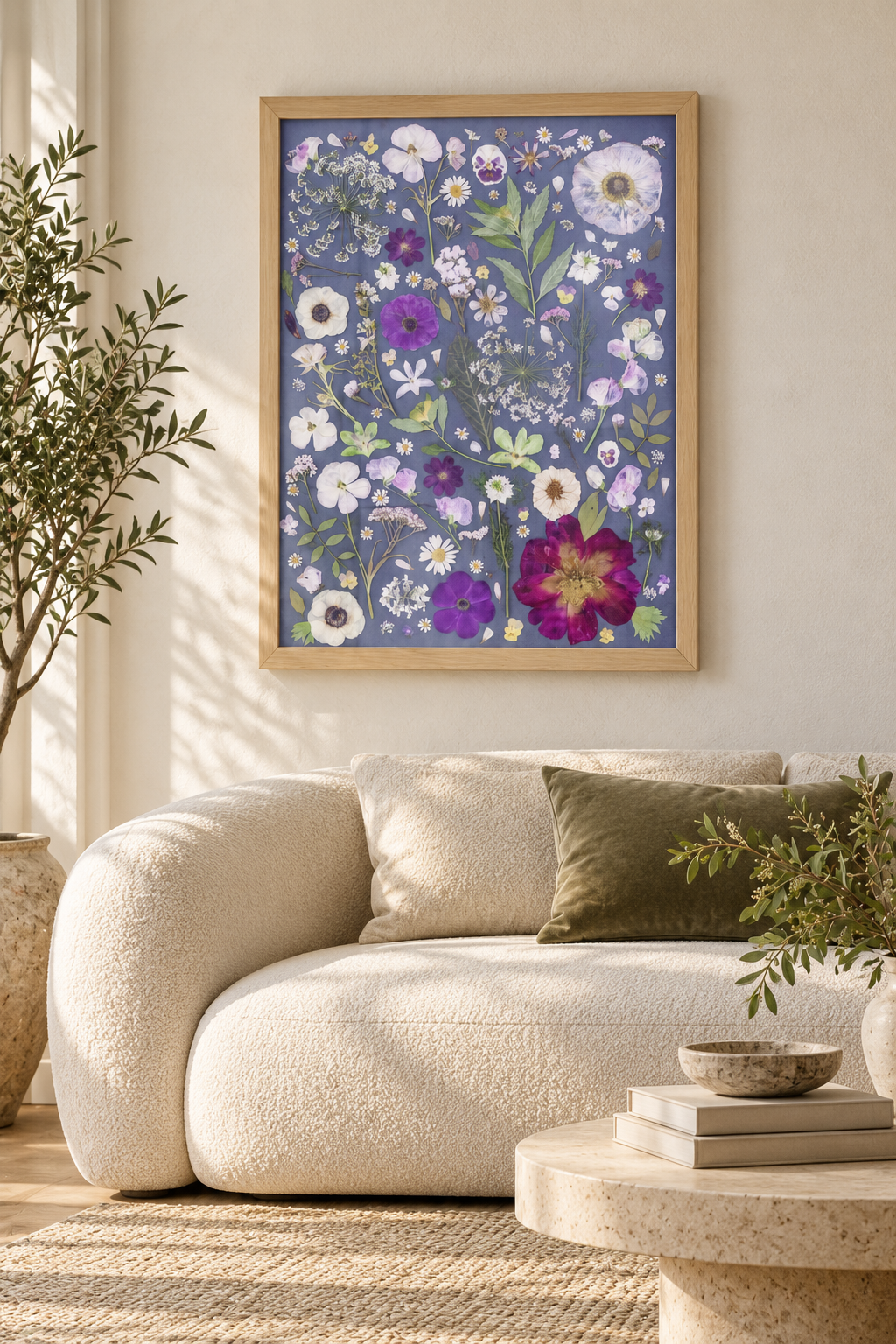 Framed floral art above a bouclé sofa.png