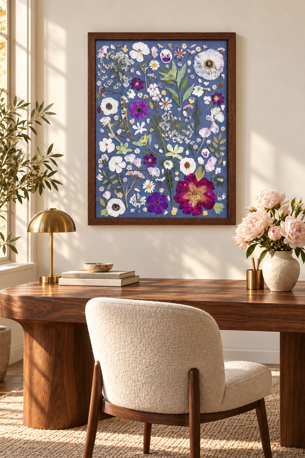 Blue floral artwork above a walnut desk.png