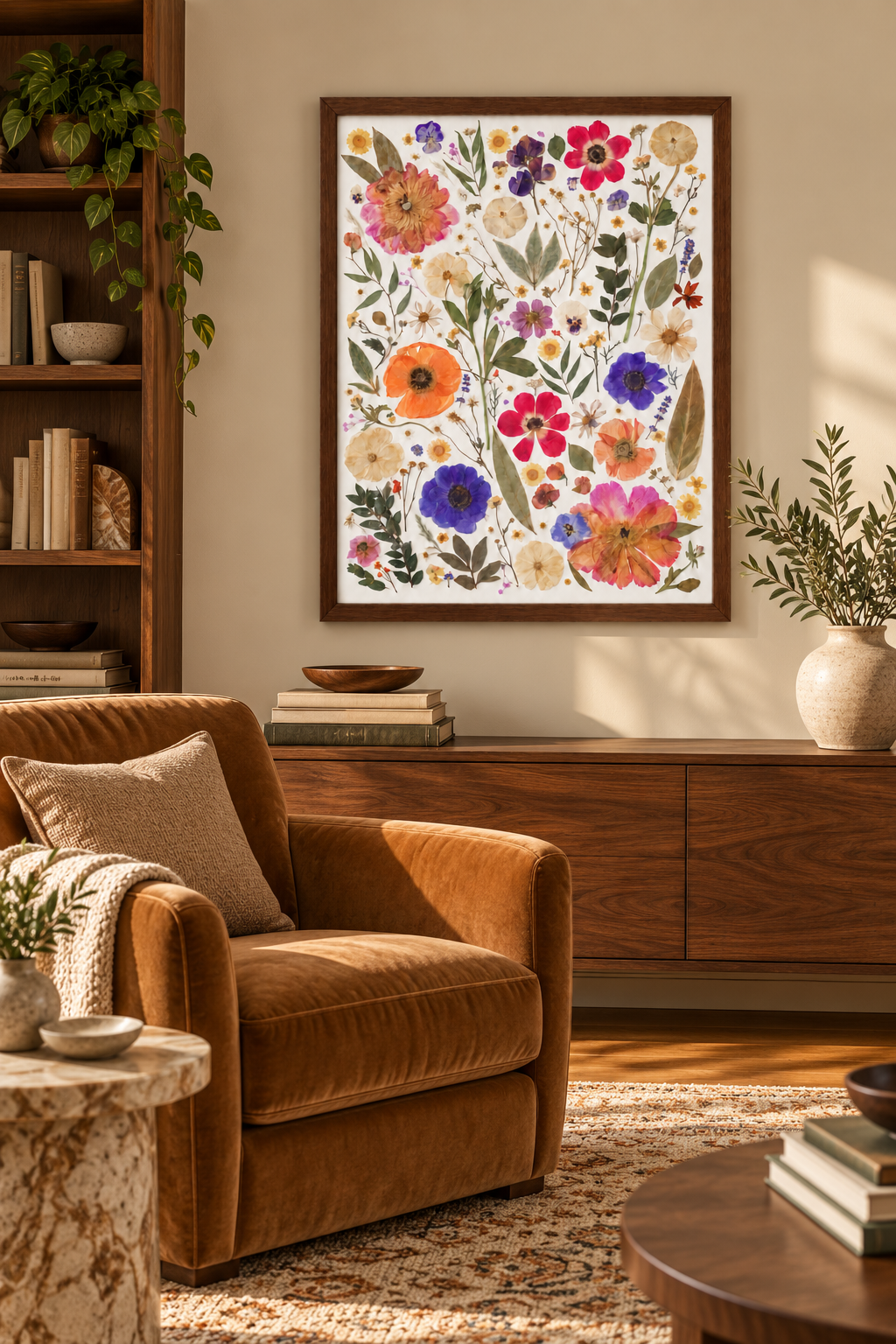 Walnut-framed floral art in a cozy den.png