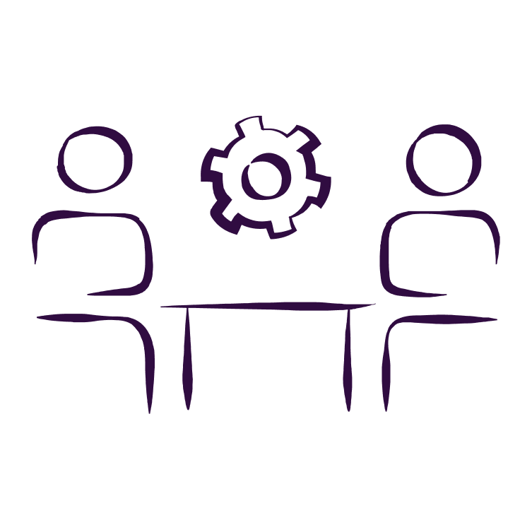 Line drawing of two people sitting across a table with a gear symbol floating above it, representing a meeting or collaboration.