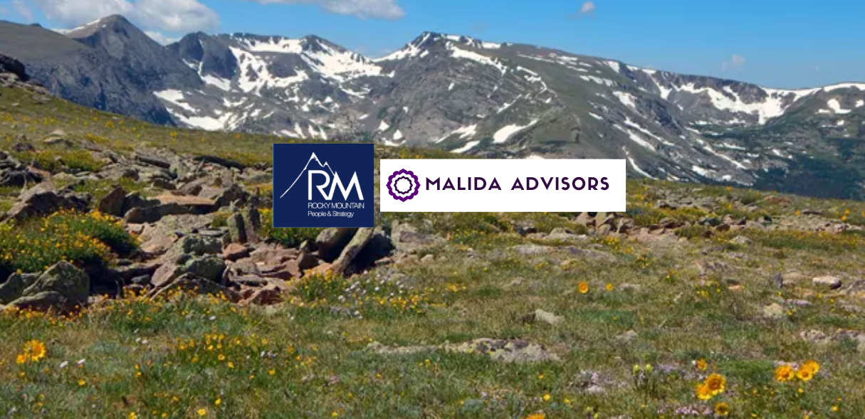 Mountain landscape with snow patches, rocky terrain, and yellow wildflowers in the foreground. Overlaid logos of Rocky Mountain People & Strategy and Malida Advisors.