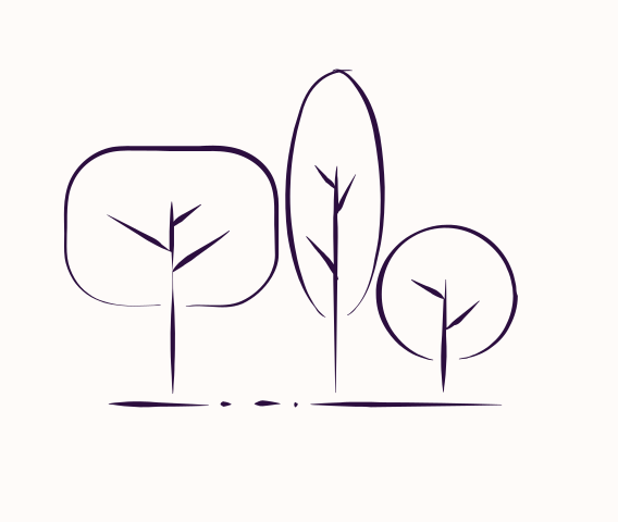 Minimalist line drawing of three trees with different shapes and sizes on a plain background.