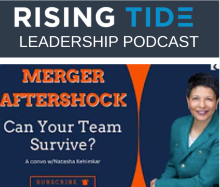 Podcast cover titled 'Rising Tide Leadership Podcast' discussing 'Merger Aftershock' with a photo of a woman in a teal blazer, smiling, with orange and navy blue design elements.