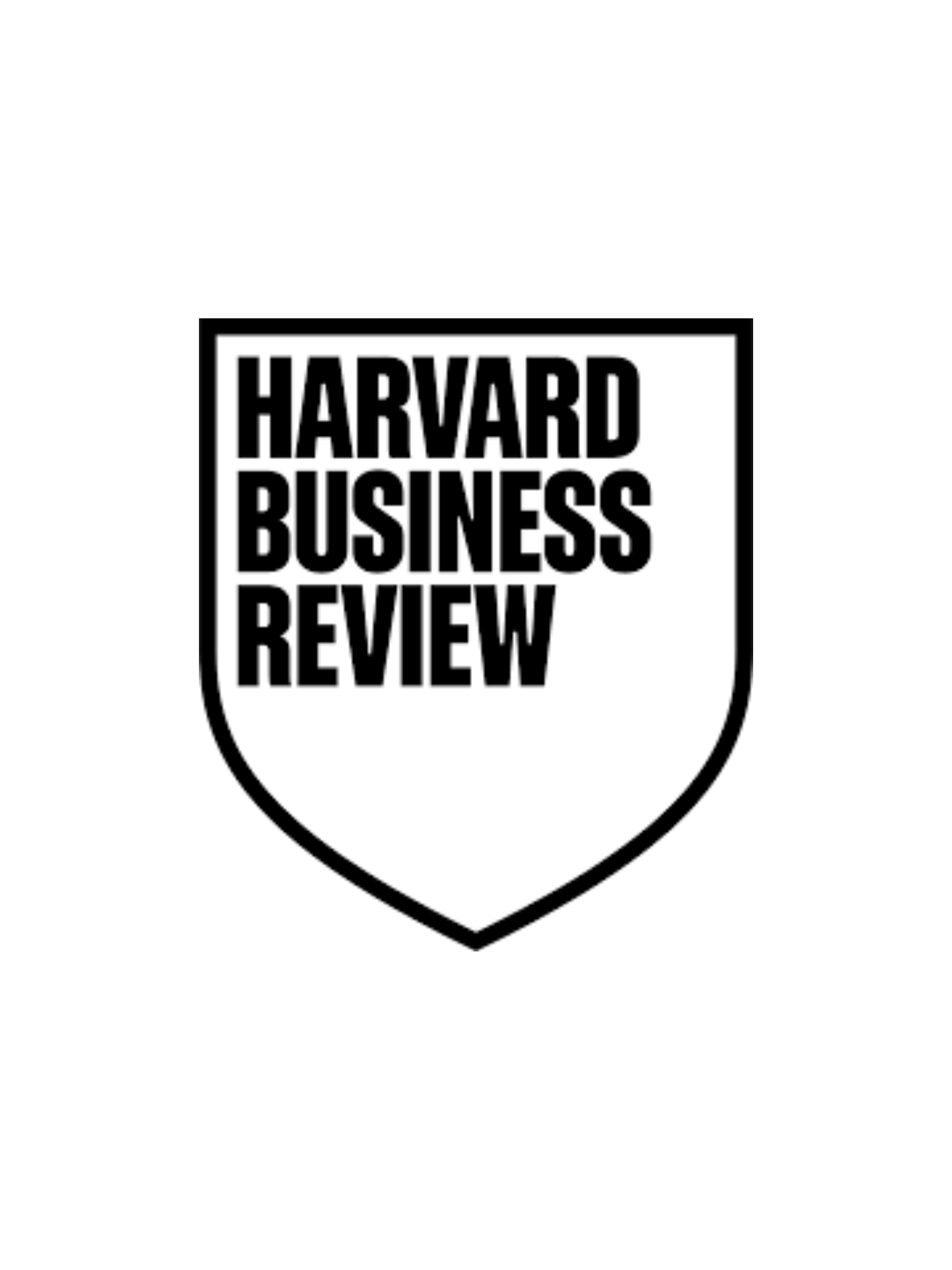 Harvard Business Review logo in bold black font on a white background in an outline of black shield shape.