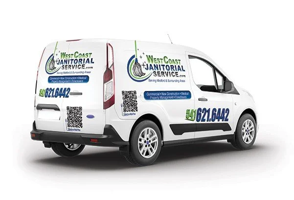 White commercial van with West Coast Janitorial Service logo and contact information, parked against a plain background.