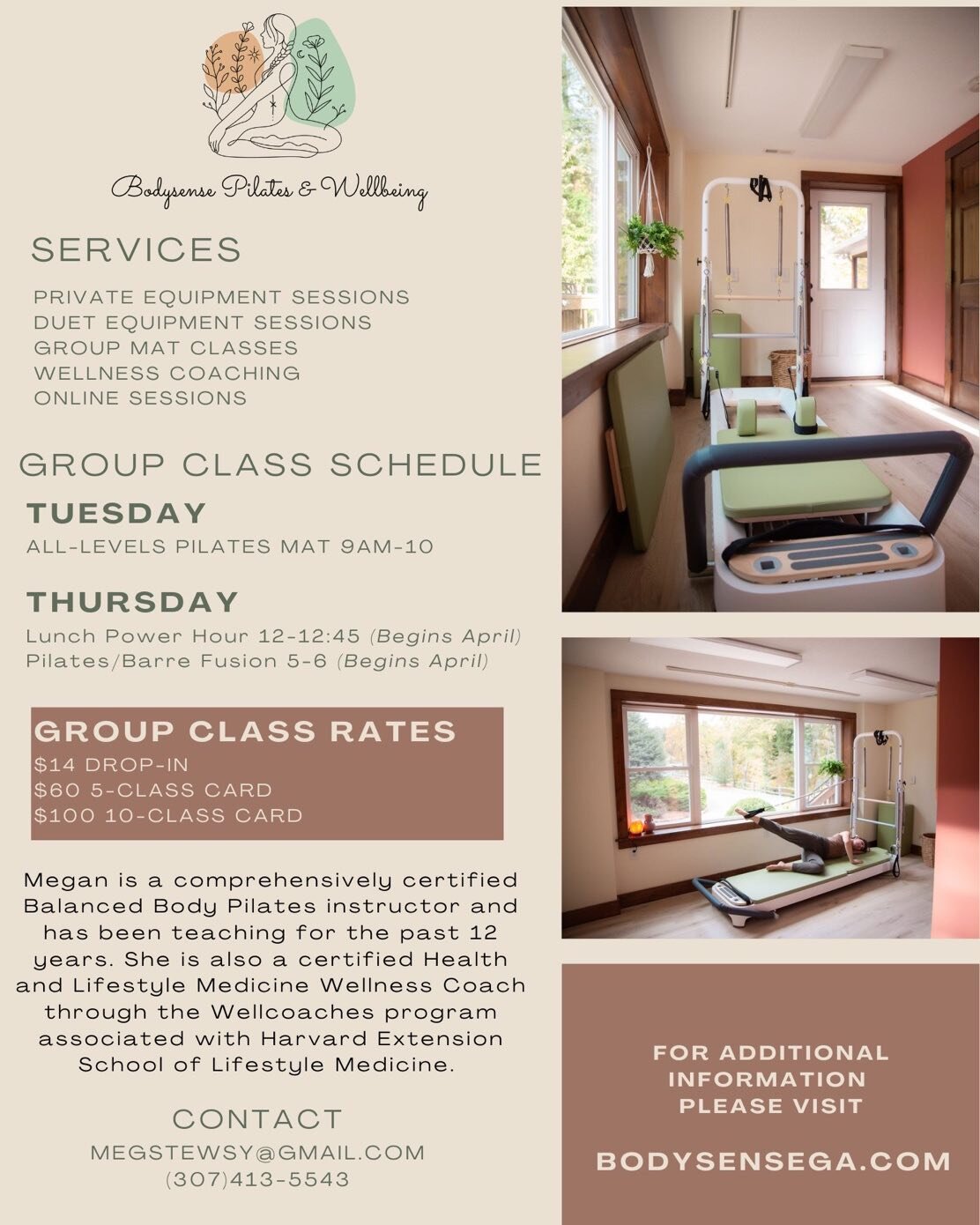 Updated class schedule, packages and services at Bodysense Pilates and Wellbeing located at Olive Tree in Blairsville,GA! New classes starting in April! Check out https://olivetreeplace.org/ for more of our offerings and holistic practices and my web
