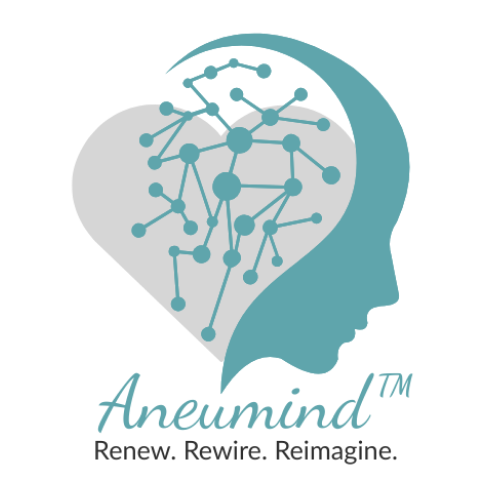 Silhouette of a human head with a network of interconnected nodes inside, resembling a brain, alongside the text 'Aneumind' and the tagline 'Renew. Rewire. Reimagine.'