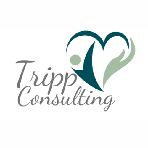 Logo for Tripp Consulting featuring a stylized heart and person design with green and dark blue colors.