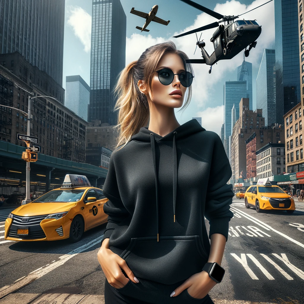 DALL·E 2024-01-23 18.17.53 - Create an image of a young, fashionable woman in New York City. She's standing on a busy city street, with NYC's iconic yellow cabs and towering skysc.png