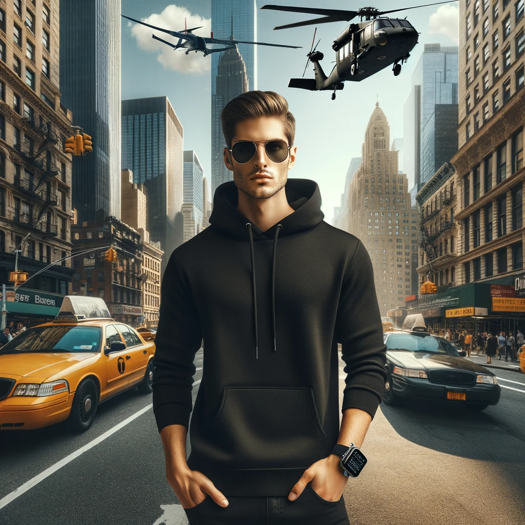 DALL·E 2024-01-23 18.17.57 - Create an image of a young, fashionable man in New York City. He's standing on a bustling city street, surrounded by iconic NYC yellow cabs and toweri.png
