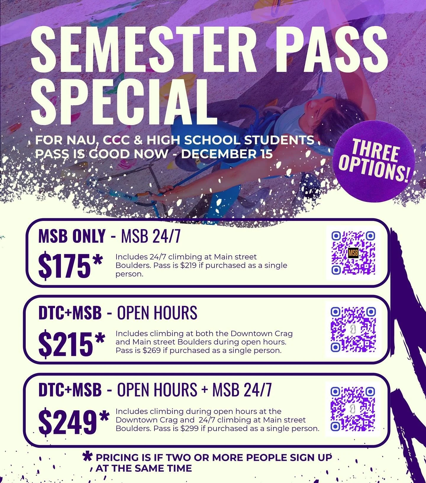 It&rsquo;s been some years&hellip; but our Semester Pass special is back! If you&rsquo;re an NAU, CCC or high school student you can get in on this rippin&rsquo; deal! Good now-December 15! Grab a friend and sign up together to get the best deal! Con