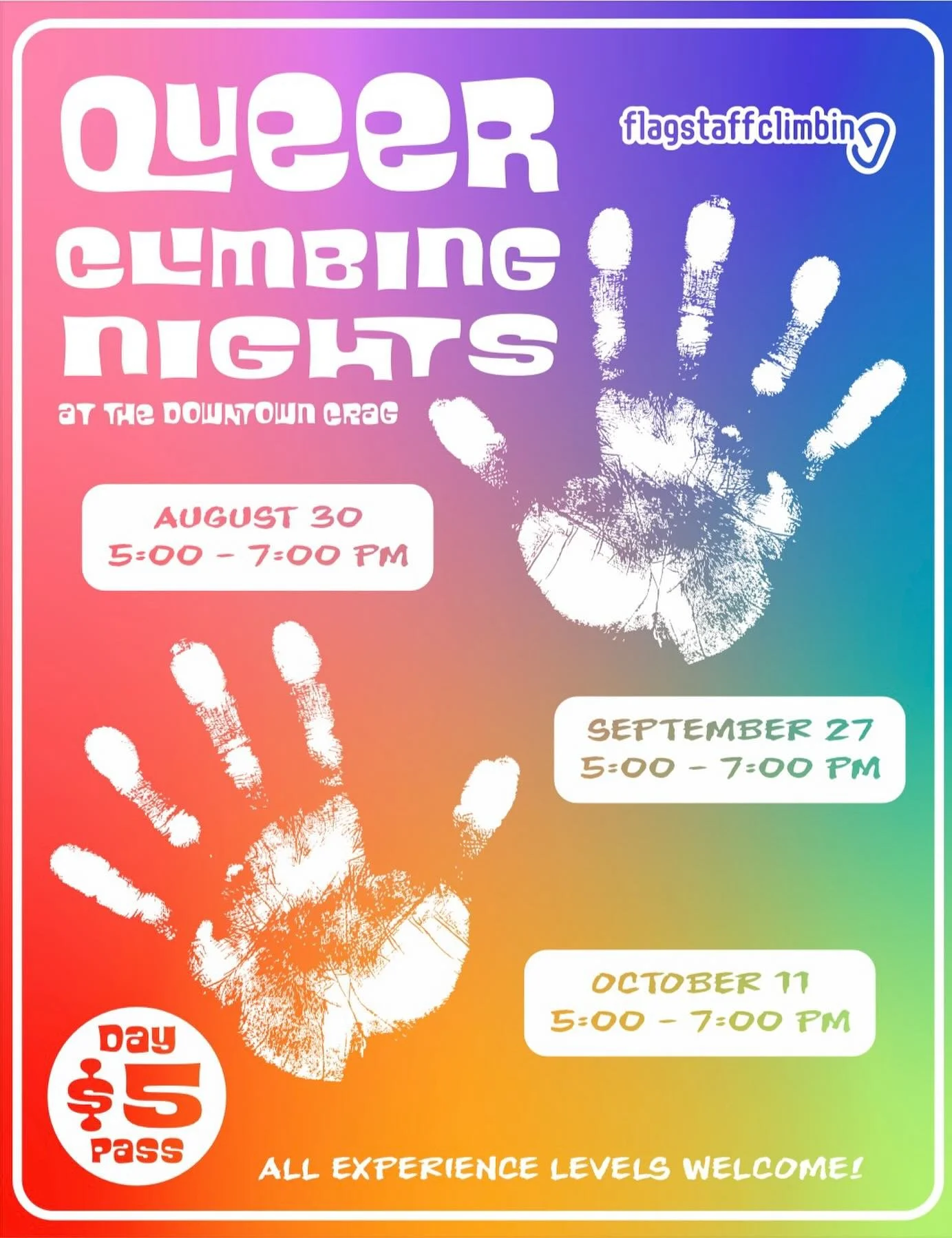 We&rsquo;ll be hosting three queer climbing nights this fall! All experiences levels welcome, $5 day pass for attendees. 

Aug. 30, 5:00-7:00 pm
Sept. 27, 5:00-7:00 pm
Oct. 11, 5:00-7:00 pm