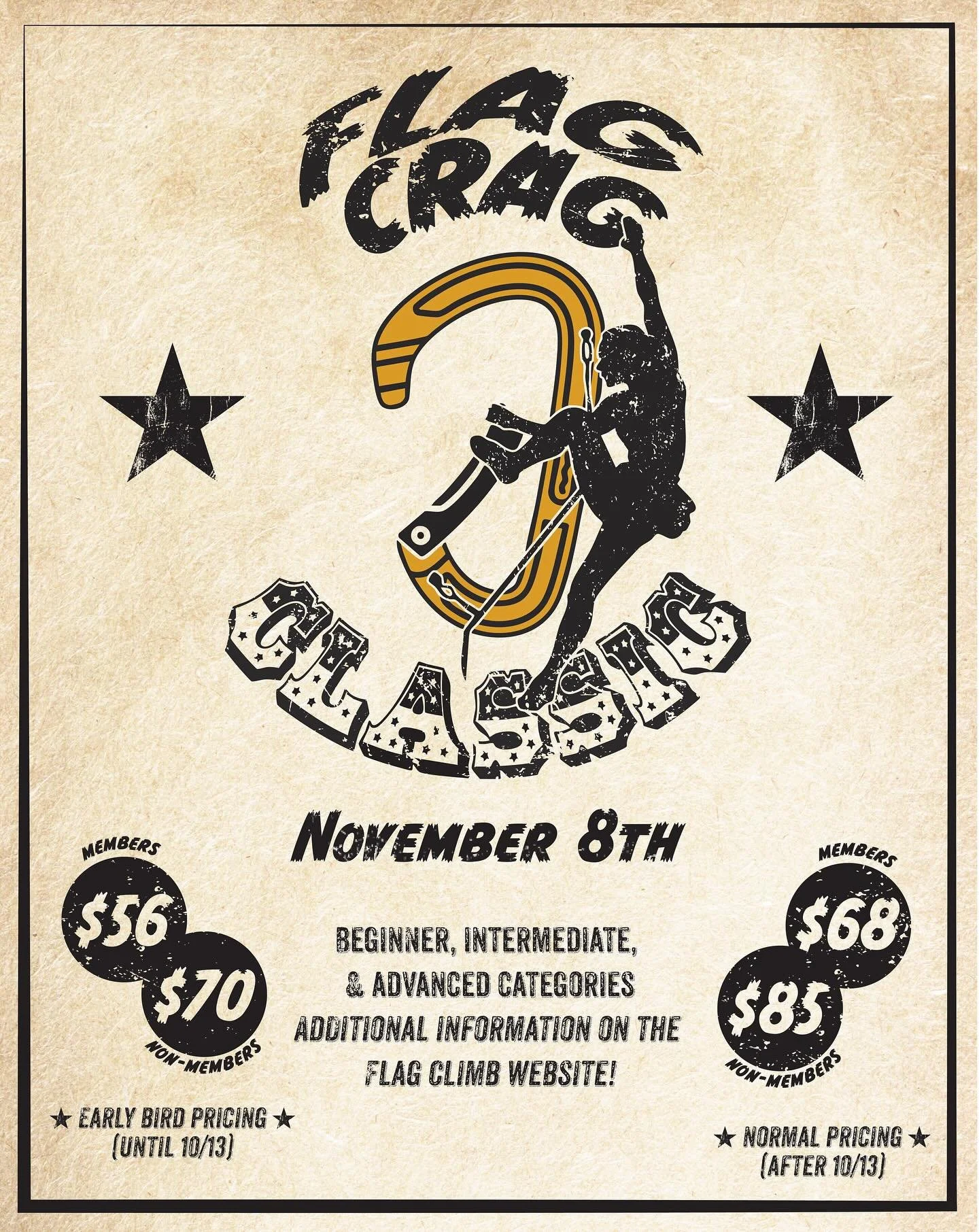 Join us November 8th for our community rope climbing competition. Whether you&rsquo;re new to comps or a seasoned crusher, this is your chance to throw down.
3 Categories &bull; 3 Divisions &bull; 1 Big Day
Beginner (5.8&ndash;5.10)
 Top Rope &bull; 