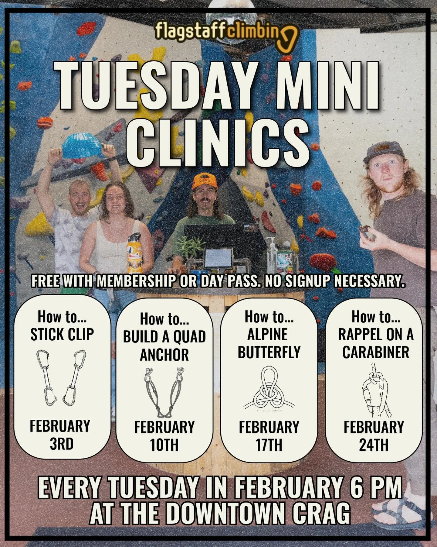 We&rsquo;re doing something new this winter! With it being cold out come into the gym and refine your skills. We&rsquo;ll be running mini clinics at our Downtown Crag every Tuesday in February starting around 6 PM. Free with day pass or membership, n